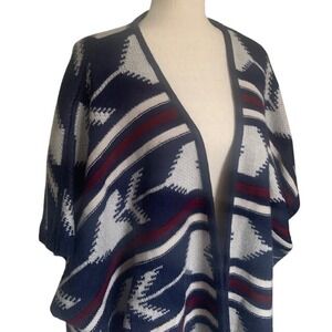 Southwestern Fringe Cardigan XL Aztec Navy Maroon Boho Western Heritage Festival